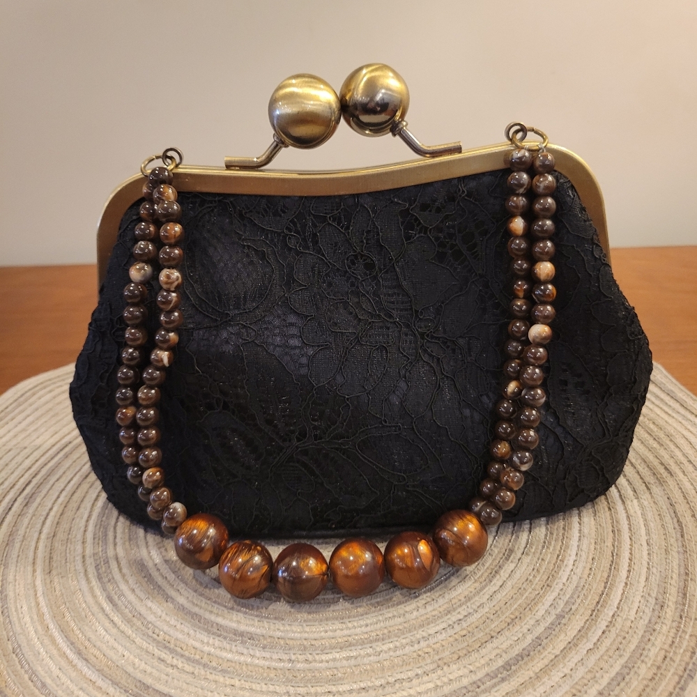 👛EUC~Elegant Black Lace Handbag with Beaded Handle